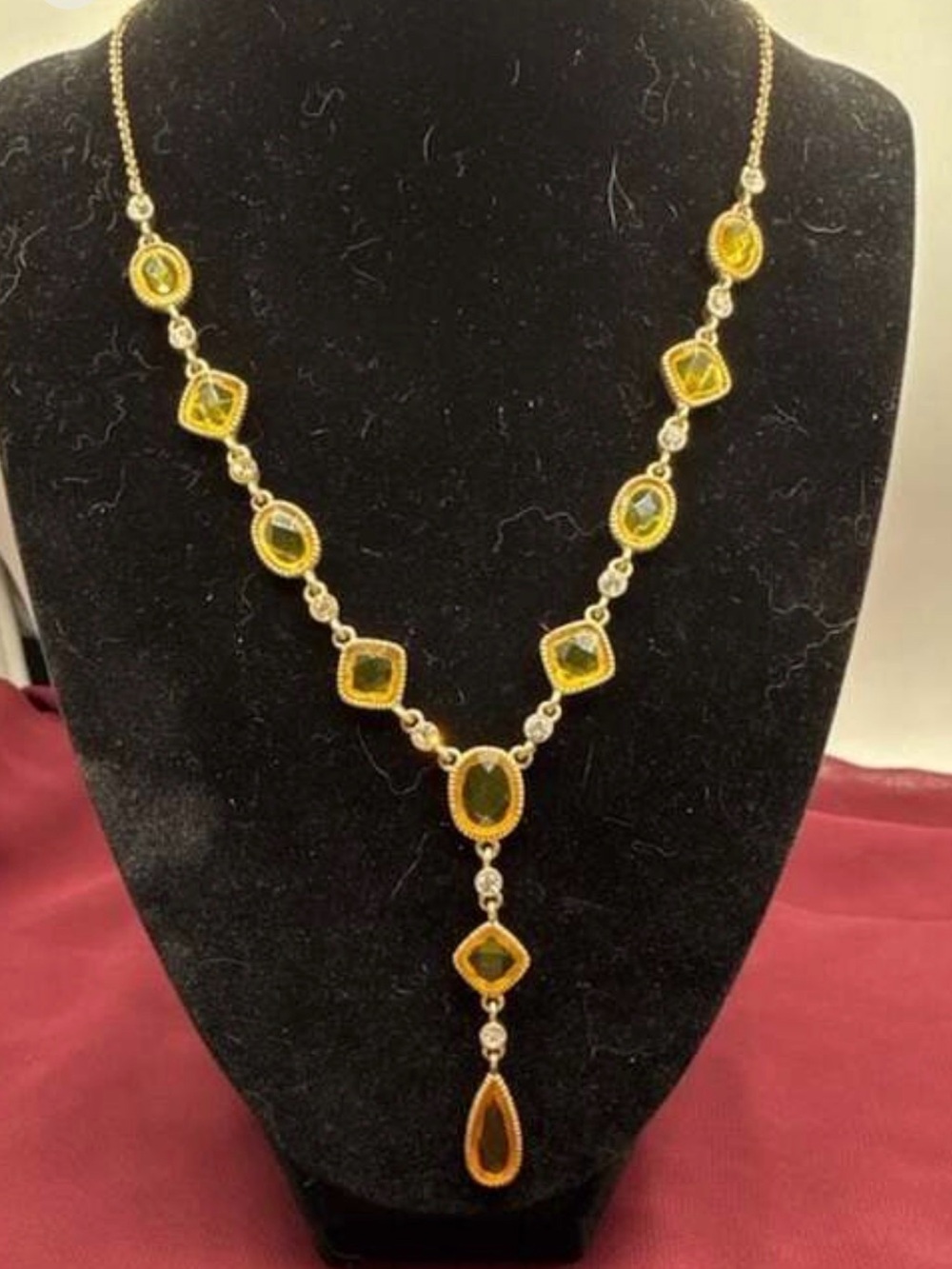 Gold Tone Amber Topaz Color Rhinestone Y-Drop Necklace